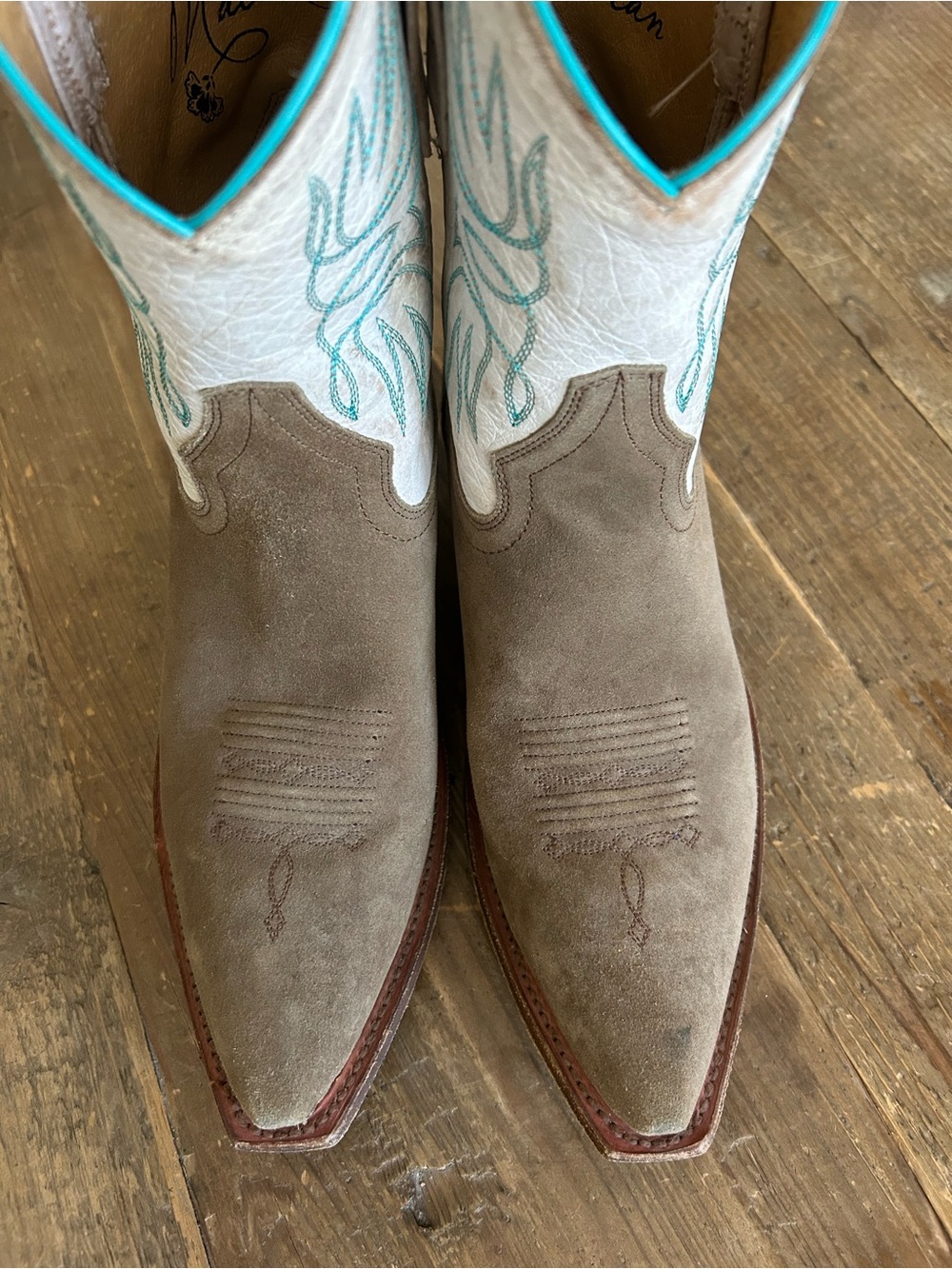 Macie Bean Boots Women's Taupe Suede Western Cowboy Boots with Embroidered Shaft - Picture 3 of 9